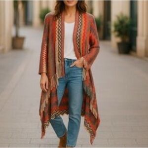 Woven Heart Long Tribal‎ Cardigan in Earth tones size Small, Fringe Details